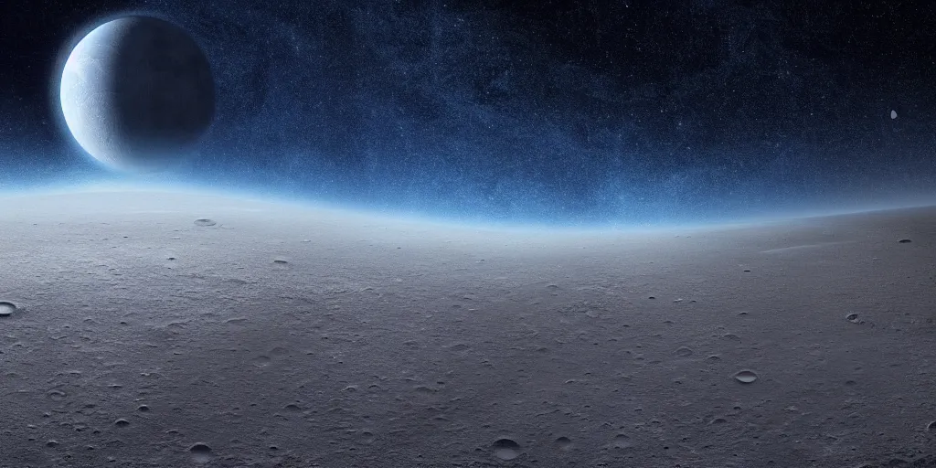 Prompt: extremely high resolution photo of the surface of the moon, digital art, science fiction, stars, a big planet visible, many meteors, azure colors, artstation, beautiful render