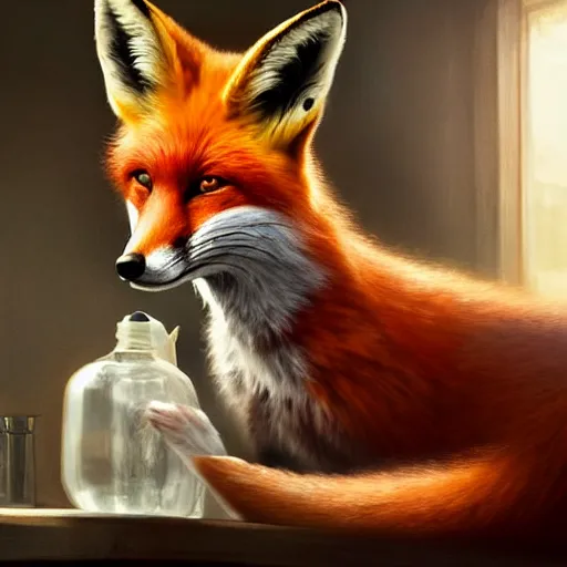 Image similar to a fox mixing chemicals in a kitchen, portrait, fantasy, beautiful face, vivid colors, elegant, concept art, sharp focus, digital art, Hyper-realistic, 4K, Unreal Engine, Highly Detailed, HD, Dramatic Lighting by Brom, trending on Artstation