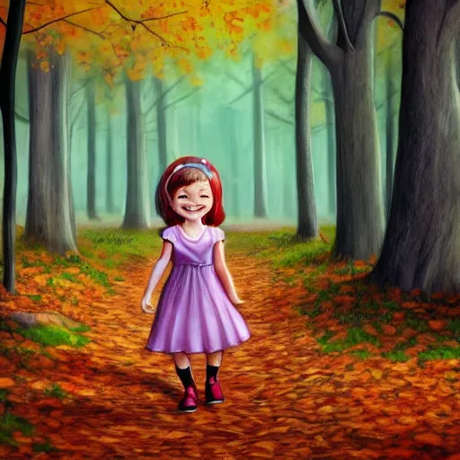 Prompt: ansell mary jane ilustration a beautiful little girl smiling, walking calmly through an autumn forest, characterized by ansell mary jane, sharp focus, highly detailed, artstation