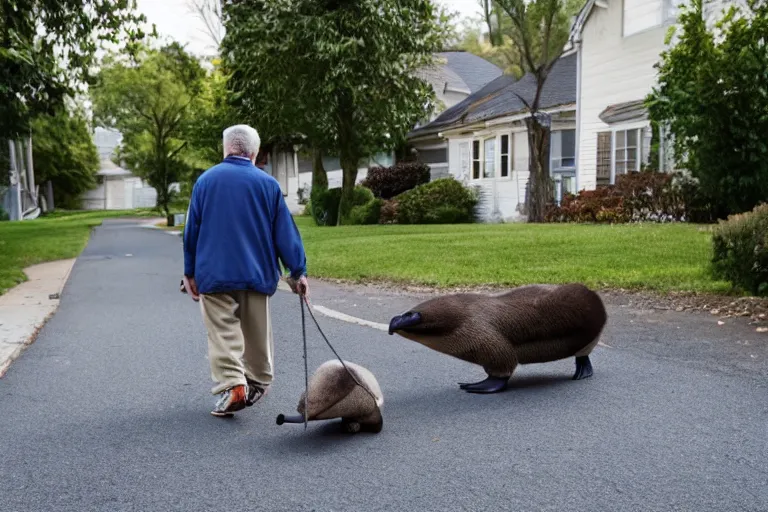 Image similar to Old man walking his platypus on a residential street