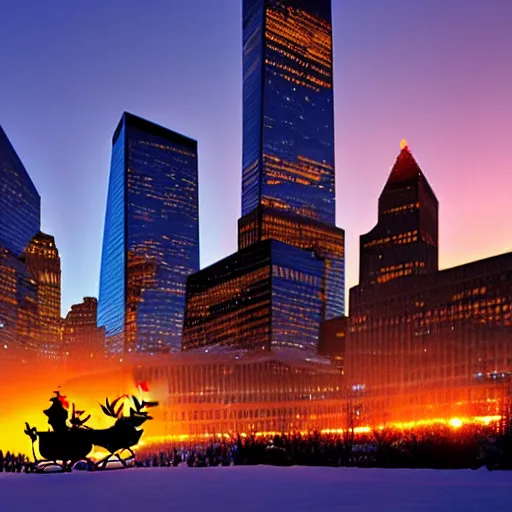 Image similar to santa claus in a sleigh with reindeers in front of world trade center with a beautiful sunset in the background