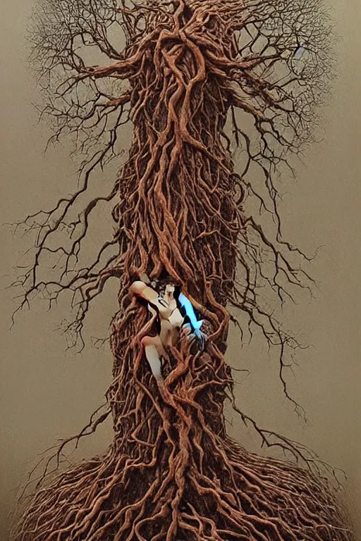 Image similar to zdzisław beksinski painting. tangling tree restraining a woman, highly detailed, many roots, disturbing, unsettling, intricate, beautiful