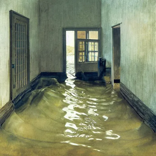 Prompt: painting of the inside of a flooded house, by Andrew Wyeth