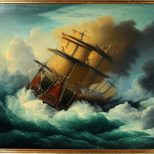 Prompt: oil painting of a ship on stormy waters, the ship is burning, 1 8 th century, antique painting