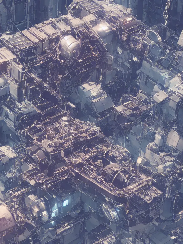 Prompt: lots of machines and machinery on an international space station, shiny chrome detailed realistic 3 d octane render by beeple, trending on cgsociety, deconstructivism, greeble, hard surface modeling, atelier olschinsky