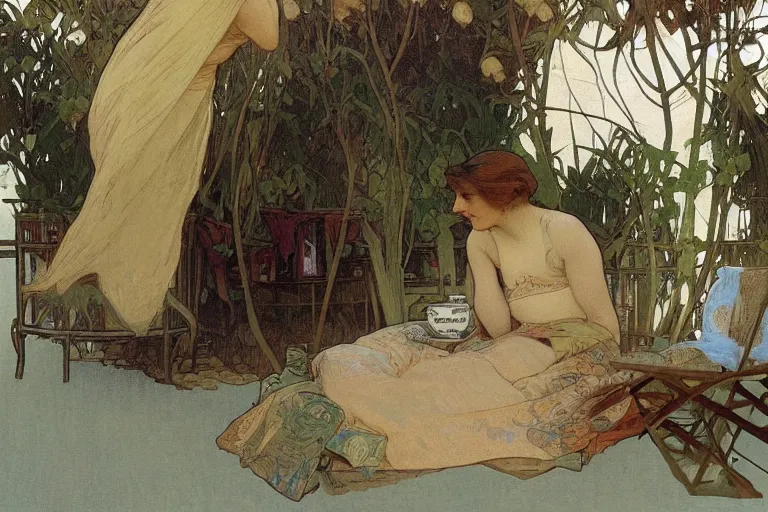 Image similar to a matte painting of a man sitting down and having a cup of tea in his house by the beach, by alphonse mucha, muted colors