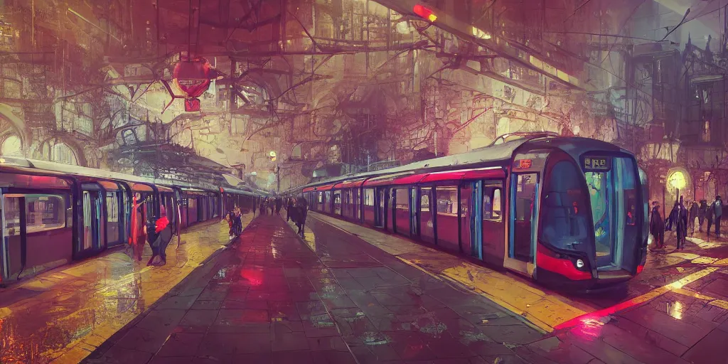 Image similar to london metro, colorful, contrast, depth of field, 3 d scene, render, greg rutkowski, zabrocki, karlkka, jayison devadas, trending on artstation, 8 k, ultra wide angle, zenith view, pincushion lens effect