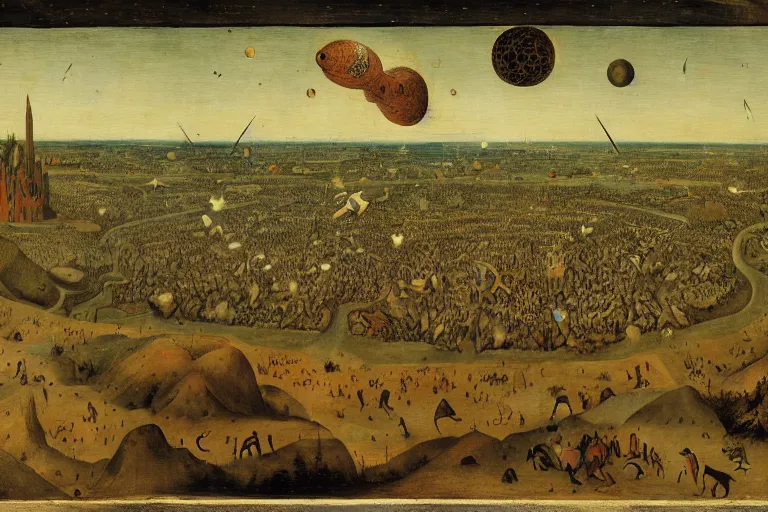 Prompt: a monstrous shooting star that is about to destroy the earth and the whole universe, by pieter bruegel,