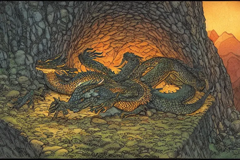 Prompt: dragon sleeping on a mountain of treasure in a big cavern, by Larry Elmore