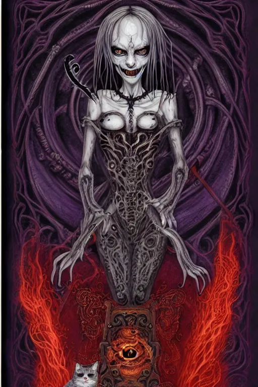 Image similar to ai illustration of demoness, her cat and her book of necronomicon, symmetrical, cinematic, sharp focus, 4 k, ultra hd, sense of awe, sinister demonic atmosphere, dreadful, forbidden knowledge, old gods, cthulhu, yog - sothoth! yah, yah, yah! cultist journal cover