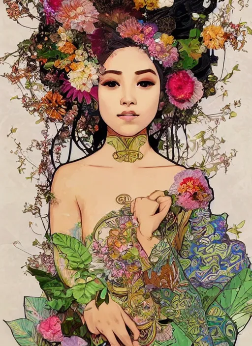 Image similar to !!! very coherent!!! oil painting, beautiful floralpunk balinese cyborg portrait girl female illustration detailed patterns art of bali traditional dress, flower pop art, floral splash painting, art by ashley wood, alphonse mucha, makoto shinkai, geof darrow, dark shadow