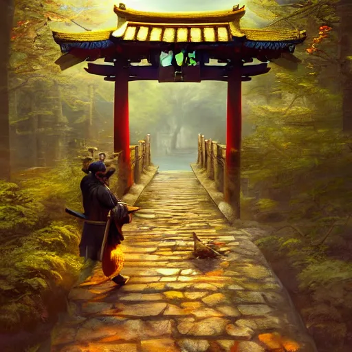 Image similar to brother grimms samurai temple bridge digital art, irina french, heraldo ortega, mandy jurgens golden ratio, art canvas, award winning, masterpiece, trending on artstation, 8 k 1 5 0 mpx