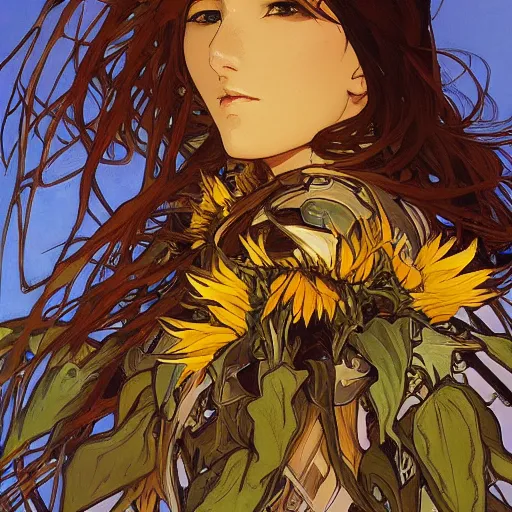 Image similar to beautiful woman cybernetic combat mech augmentations sunflower field sunset beautiful by alphonse mucha yoji shinkawa and james gurney artstation hyperrealism