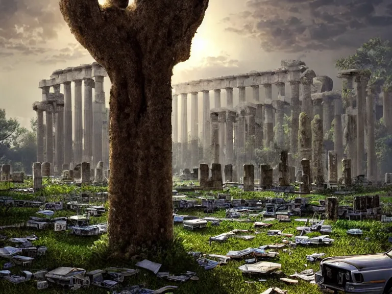 Image similar to tree growing in ancient greek ruins, gray wasteland, many scrap cars, plastic waste, rubble, pillars, flowers, vines, hyperrealistic, highly detailed, cinematic, single ray of golden sunlight, beautiful, cgssociety, artstation, 8 k, oil painting by greg rutkowski, by artgerm, by wlop