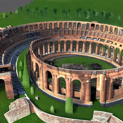 Image similar to A Roman Colosseum with an age of empires town center in the middle