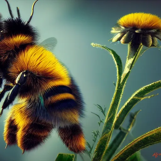 Image similar to cinematic art, 4k, bee on a flower, cinematic lightning, realistic, super detailed