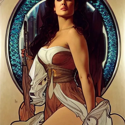 Image similar to salma hayek portrait by alphonse mucha, cyberpunk city bar, perfect proportions, beautiful face, perfect eyes, real life colors, elegant, sharp focus, hyper - realistic, 4 k, highly detailed, hd, dramatic lighting by brom