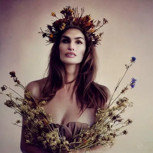 Image similar to fine art photo of cindy crawford, she has a crown of dried flowers, by oleg oprisco