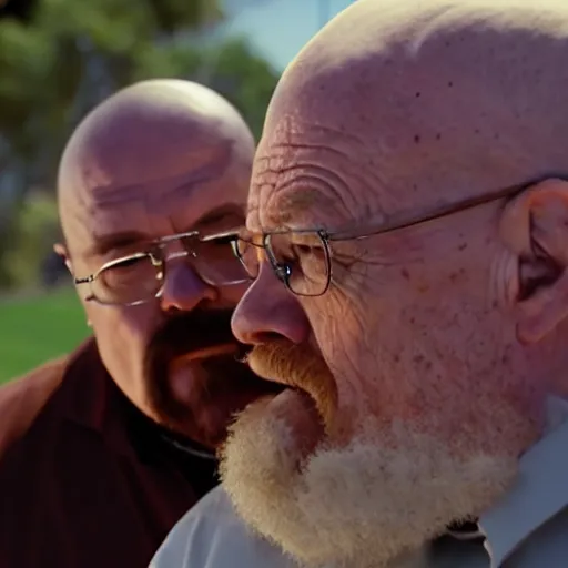 Image similar to cinematic shot of walter white kissing a fat ugly old man, very intricate, very detailed, depth of field,