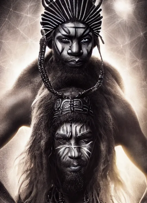 Image similar to photo of a gorgeous magic old shaman with a black panther, face painting, face in the style of stefan kostic, wild, thunders, fire, magic war, majestic, realistic, sharp focus, 8k high definition, insanely detailed, intricate, elegant, art by stanley lau and artgerm