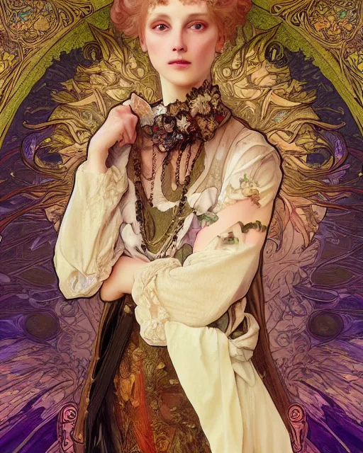 Image similar to wlop and alfons mucha detailed portrait digital rococo painting of a beautiful serious cat wearing fantasy clothing. the cat has black angel wings, evil mood, hellish battlefield in the background, unreal engine, embers flying, hyper realism, realistic shading, cinematic composition, blender render, octane render, ultrawide shot