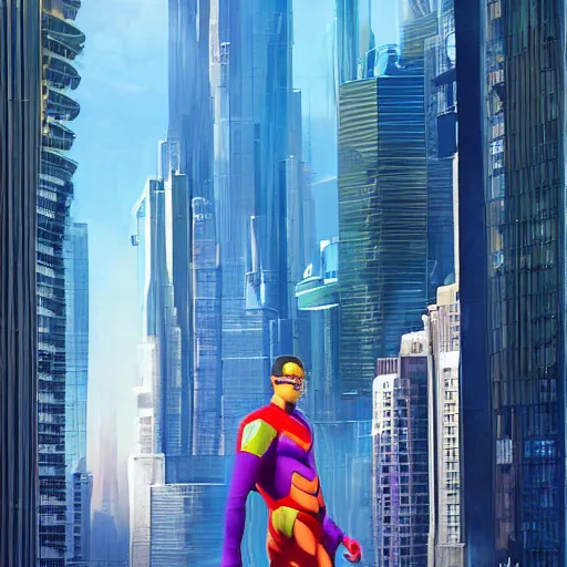 Image similar to funny futuristic colorful Super hero floating in big city , stunning photo real concept art, cinematic, clean, realistic, from algorithmic design by Steve Skroce and Moebius, for James Cameron and Weta workshop, 3d sculpt, 3d high poly render with octane, realistic textures, subtle depth of field, Zeiss lenses, 8k post-processing, manicured, Fuji LUT, smooth, ultradetailed