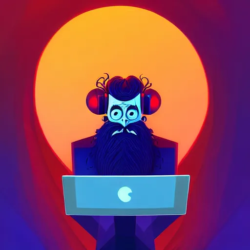 Image similar to curled perspective digital art of curly grey hair bearded man using a computer by anton fadeev from nightmare before christmas