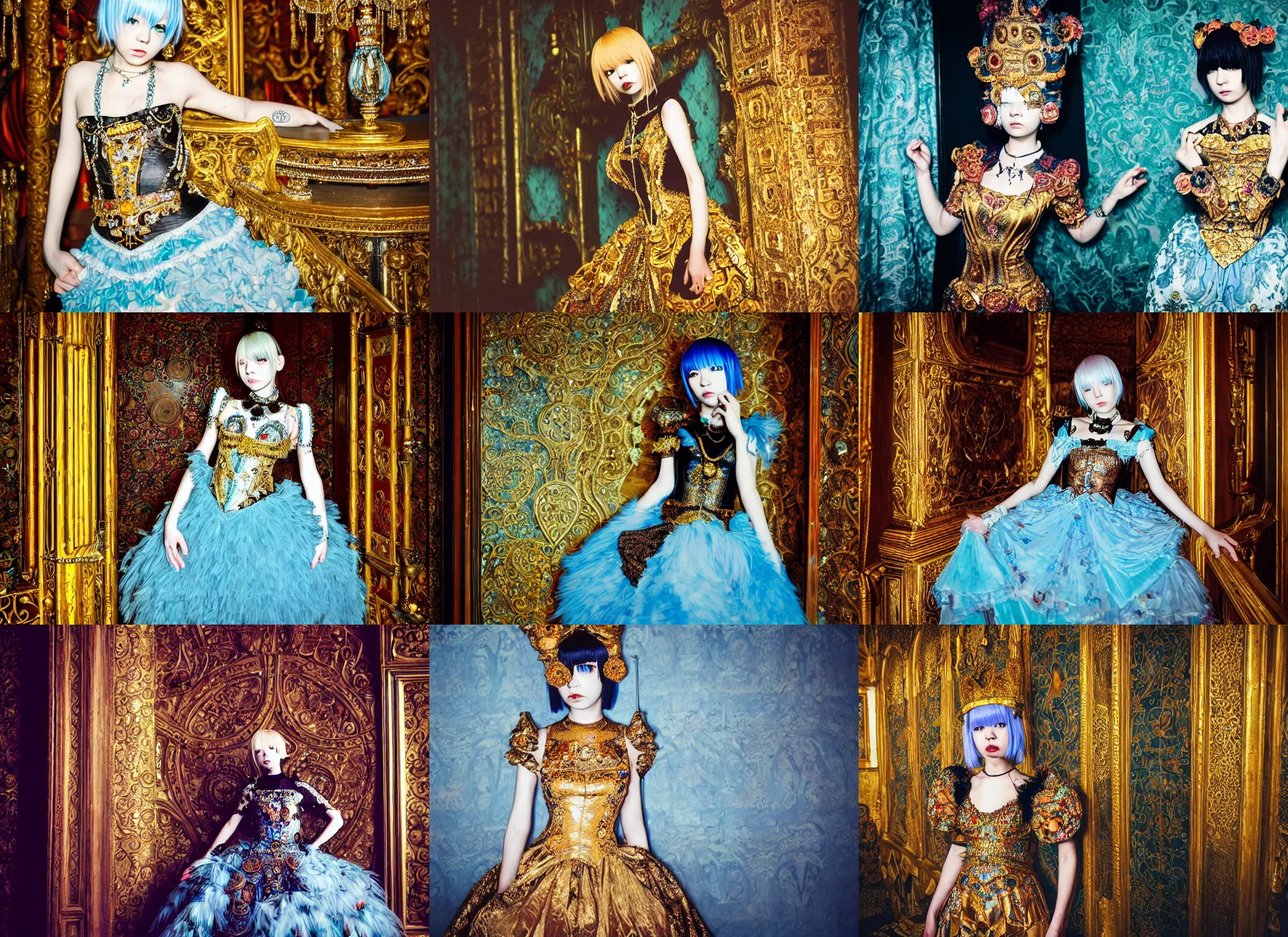 Prompt: lomography, full body portrait photo of reol in a castle ballroom interior at a crowded masquerade party wearing an ornate dress designed by gustav klimt, moody, realistic, dark, skin tinted a warm tone, light blue filter, hdr, rounded eyes, detailed facial features, very dark,