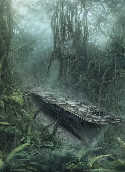 Prompt: decayed aircraft carrier USS Nimitz laying on the ground of a tropical forest, overgrown with vegetation, rust, hanging vines, post appocalyptic, by Luis Royo, by Greg Rutkowski, dark, gritty, intricate, cover illustration, concept art, volumetric lighting, volumetric atmosphere, sharp focus, octane render, trending on artstation, 8k