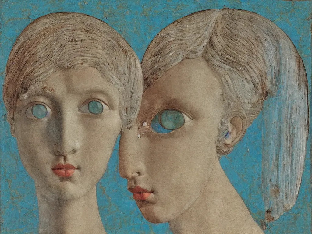 Image similar to marble greek sculpture head with inlaid crystal eyes. lapis - lazuli, turquoise, malachite, cinnabar, earth brown. painting by piero della francesca, balthus, agnes pelton