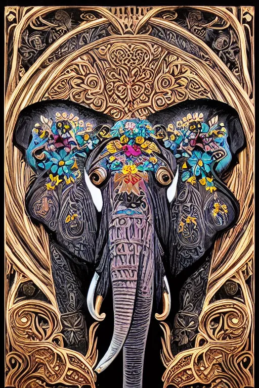 Prompt: Painted dark-wood panel relief carving of a close up of a Flowerpunk Matriarch Elephant, ornate border frame, explosion of colorful flowers, dark wood, intricately carved, black ink, festival of rich colors, intricate details, cinematic lighting, volumetric lighting, post-processing, art nouveau, tarot, by andreas rocha and john howe, and Martin Johnson Heade, featured on artstation, featured on behance, golden ratio, hyper detailed, photorealistic, epic composition, center spotlight, f32, well composed, symmetrical, UE5, 8k