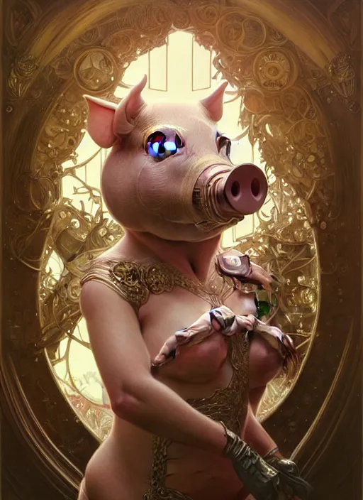 Prompt: robotic pig, d & d, wet, shiny, fantasy, intricate, elegant, extremely higly detailed, ultra definition, digital painting, artstation, anatomical perfection, baroque, concept art, smooth, sharp focus, illustration, art by artgerm and greg rutkowski and alphonse mucha