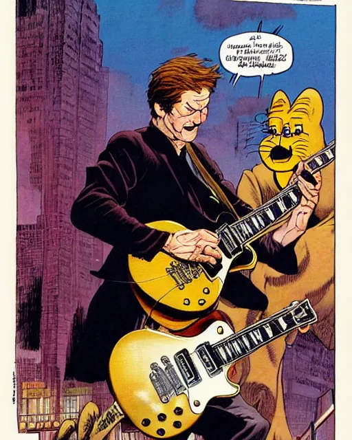 Image similar to garfield ( shredding on a gibson les paul, art by glenn fabry and frank frazetta )