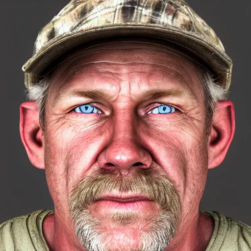 Image similar to film still photo portrait of a toothless middle aged 5 6 year old redneck hillbilly, realistic, hyperrealistic, 8 k resolution, hd quality, very detailed, highly detailed, intricate details, real life, real world, trending on artstation, digital art, really realistic, very realistic, headshot, head in frame, photograph, portrait, mugshot
