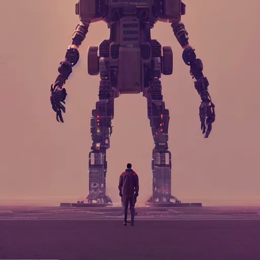 Image similar to a man standing next to a giant robot, concept art by beeple, martin deschambault, cgsociety, sots art, dystopian art, sci - fi, concept art