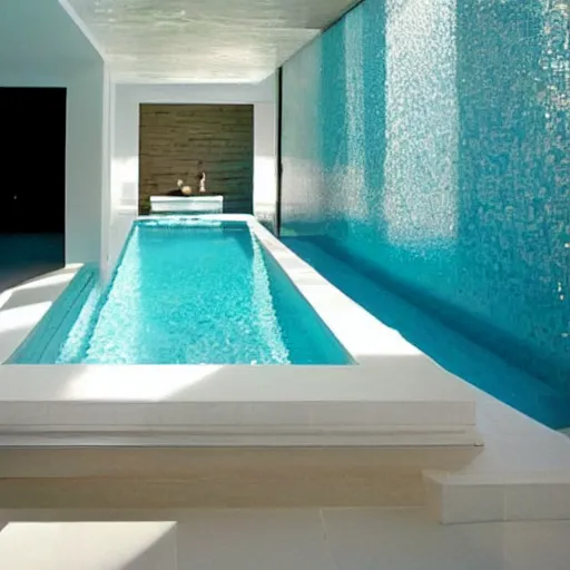 Image similar to Dream Pool Rooms with white ceramic tiles, sunlight coming in from a blue sky, crystal clear water