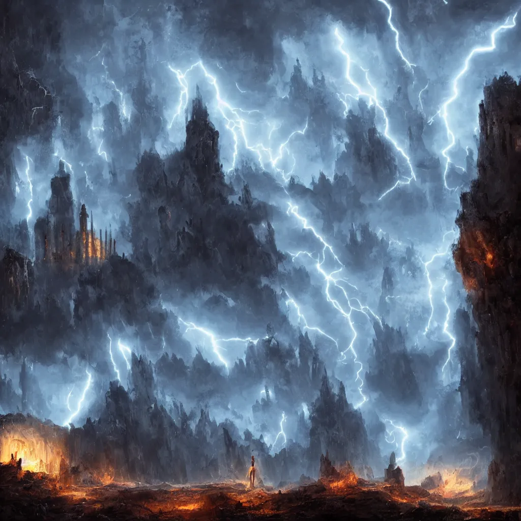 Prompt: a still of a cloaked figure standing in the ruins of crux prime, monastery, there is lightning, blue fiery maelstrom in the distance, it is raining, digital art, artstationhq