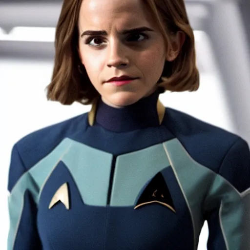 Image similar to Emma Watson in Star Trek, XF IQ4, f/1.4, ISO 200, 1/160s, 8K, RAW, Dolby Vision, symmetrical balance, in-frame