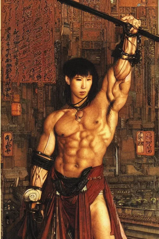 Image similar to cyberpunk ancient japanese city, orientalist intricate portrait of a muscular man by john william waterhouse and edwin longsden long and theodore ralli and nasreddine dinet, hyper realism, dramatic lighting