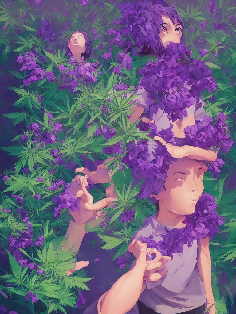 Image similar to kids dunks with green purple flowers of marijuana hemp cannabis, behance hd by jesper ejsing, by rhads, makoto shinkai and lois van baarle, ilya kuvshinov, rossdraws global illumination, golden ratio, symmetrical beauty face