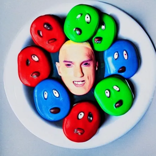 Prompt: a pile of m & m candies in the shape of eminem's face