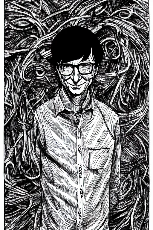 Image similar to Bill Gates full body portrait, body horror, black and white Illustration by Junji Ito