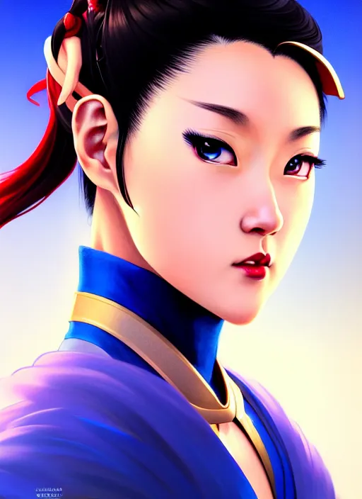 Image similar to a comic portrait of chun - li, fine - face, realistic shaded perfect face, fine details. blue - ish cosmic setting. very anime style. realistic shaded lighting poster by ilya kuvshinov katsuhiro, magali villeneuve, artgerm, jeremy lipkin and michael garmash, rob rey and kentaro miura style, trending on art station