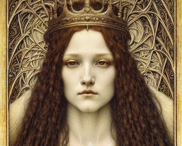 Image similar to detailed realistic beautiful young medieval queen face portrait by jean delville, gustave dore and marco mazzoni, art nouveau, symbolist, visionary, gothic, pre - raphaelite. horizontal symmetry