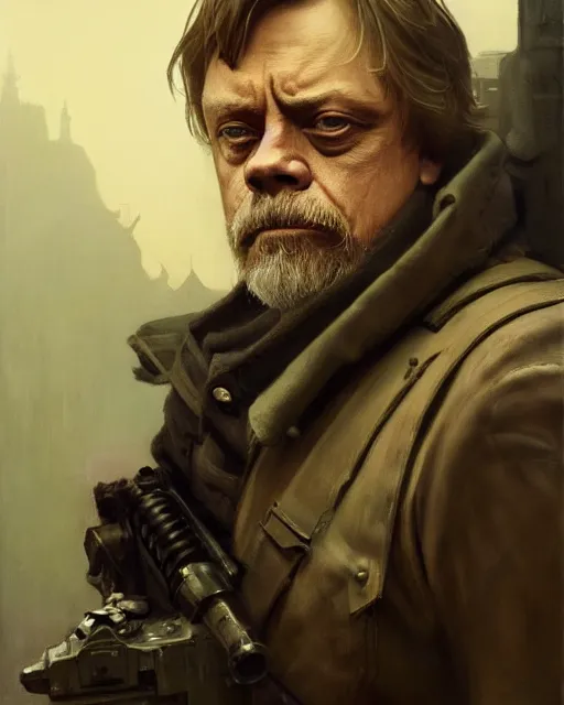 Image similar to mark hamill as a tired dystopian resistance fighter. dieselpunk steampunk art by greg rutkowski, gustave courbet, rosa bonheur, edward hopper. faithfully depicted facial expression, perfect anatomy, sharp focus, global illumination, radiant light, detailed and intricate environment, trending on artstation