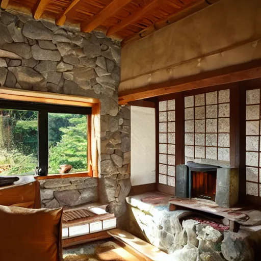 Prompt: interior of cozy stone cottage with english and japanese style, forest theme