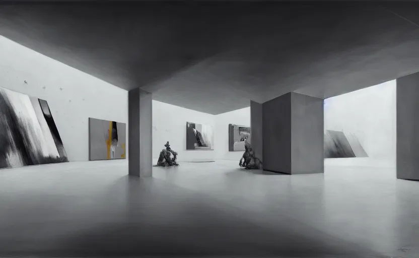 Image similar to painting of interior shot of a white concerete brutalist contemporary art museum with abstract artworks hanging on the wall by darek zabrocki and greg ruthkowski, cinematic and cold atmospheric, archillect concept art, artstation, trending on artstation