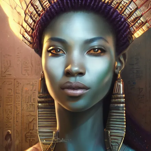 Image similar to highly detailed portrait of an african egyptian goddess, intricate alien technology, stephen bliss, unreal engine, fantasy art by greg rutkowski, loish, rhads, ferdinand knab, makoto shinkai and lois van baarle, ilya kuvshinov, rossdraws, tom bagshaw, global illumination, radiant light, detailed and intricate environment