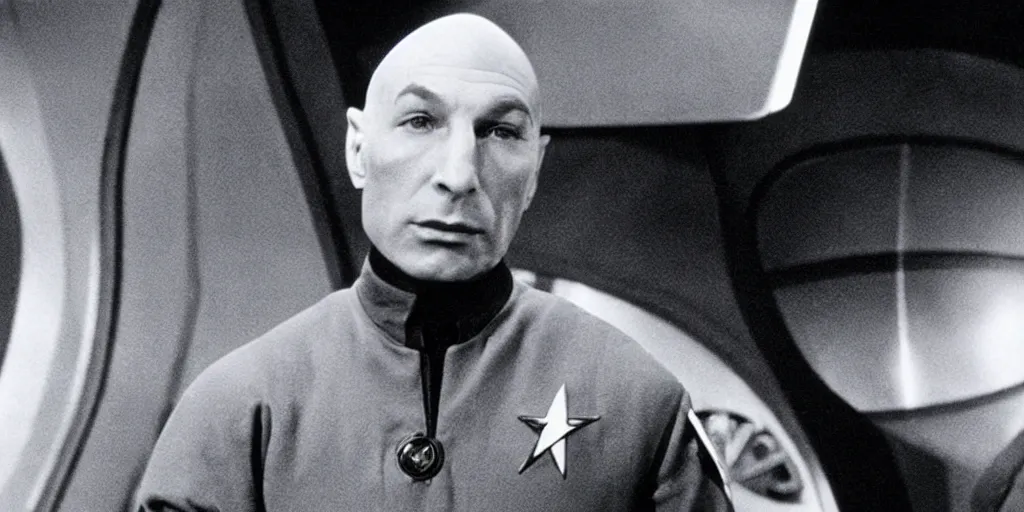 Image similar to young Jean-Luc Picard as a spaceship captain in stars without number sitting in the bridge of his spaceship, outside the front window is an enemy star fighter