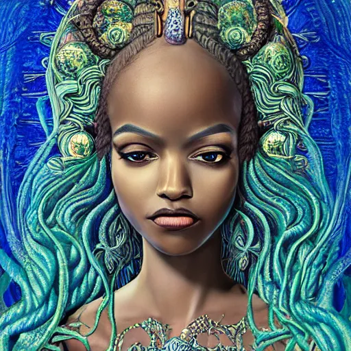 Image similar to intricate details, hyper detailed, mystic alchemical occult art, african lilith, sumerian goddess inanna ishtar, ashteroth, techno mystic goddess princess intergalactica, with aqua neon rapunzel dreadlocks, detailed, wearing seashell attire, crystal pathway to atlantis floating on the sea, by sandro botticelli